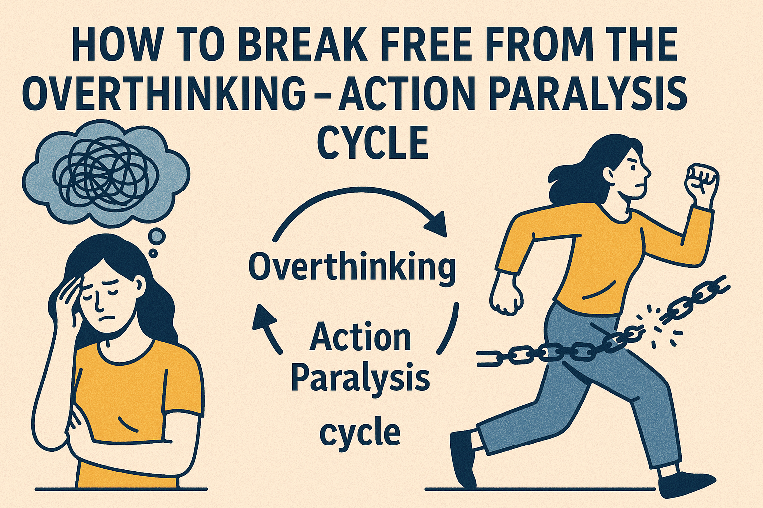 Illustration showing a woman breaking free from chains symbolizing the overthinking and action paralysis cycle, with a flowchart and bold blog title.
