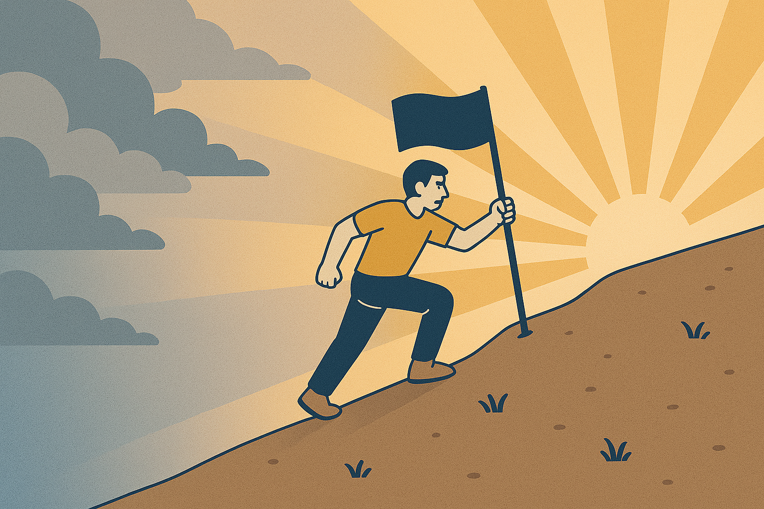 Illustration of a person planting a flag while climbing a hill at sunrise, symbolizing discipline and achieving goals after motivation fades.